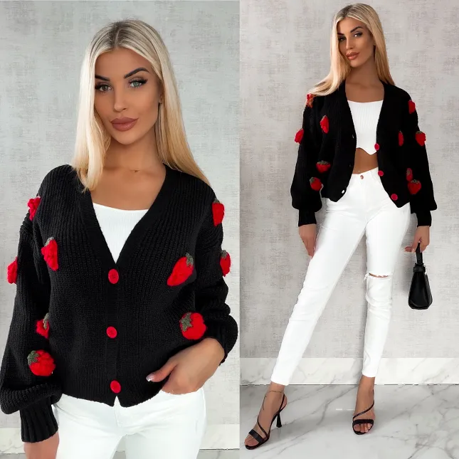 Wiosenny czarny sweter w MALINY zapinany na guziki ONE SIZE - R411