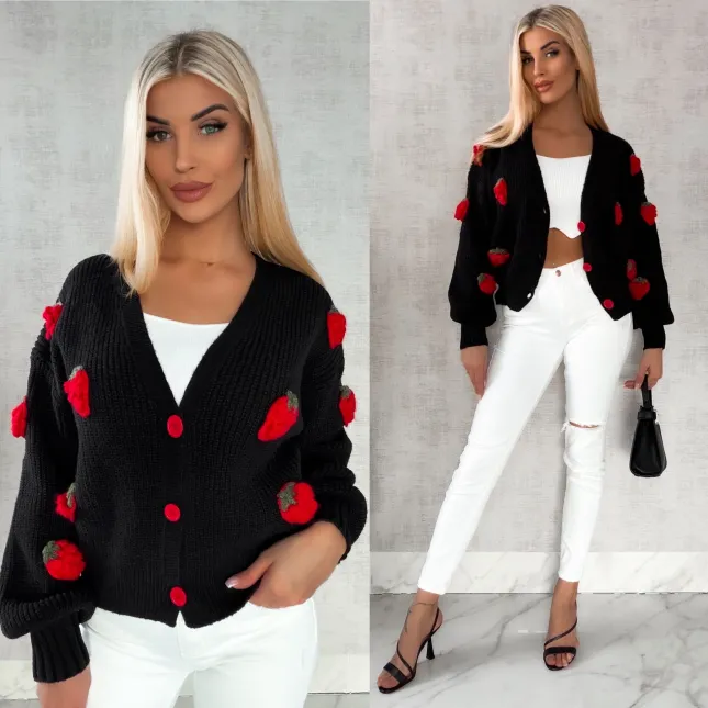 Wiosenny czarny sweter w MALINY zapinany na guziki ONE SIZE - R411