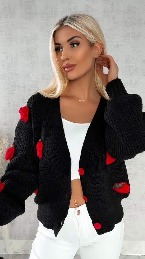 Wiosenny czarny sweter w MALINY zapinany na guziki ONE SIZE - R411
