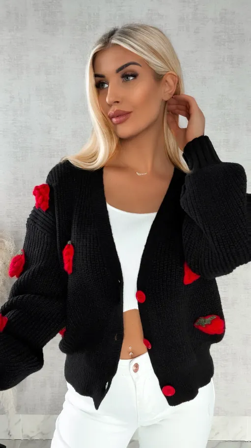 Wiosenny czarny sweter w MALINY zapinany na guziki ONE SIZE - R411