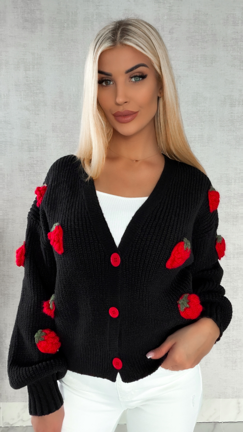 Wiosenny czarny sweter w MALINY zapinany na guziki ONE SIZE - R411