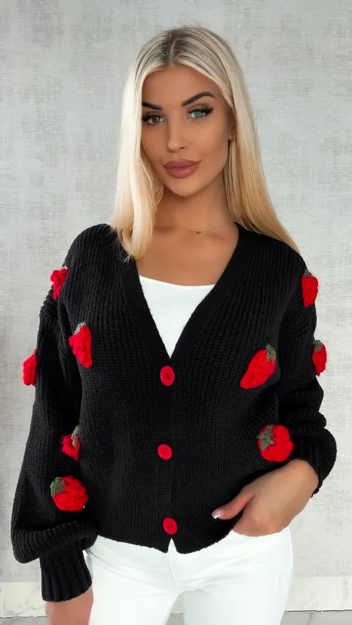Wiosenny czarny sweter w MALINY zapinany na guziki ONE SIZE - R411