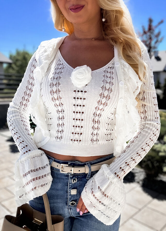 Piękny biały komplet ażurowy bluzka z długim rękawem + top na ramiączkach ONE SIZE - N216