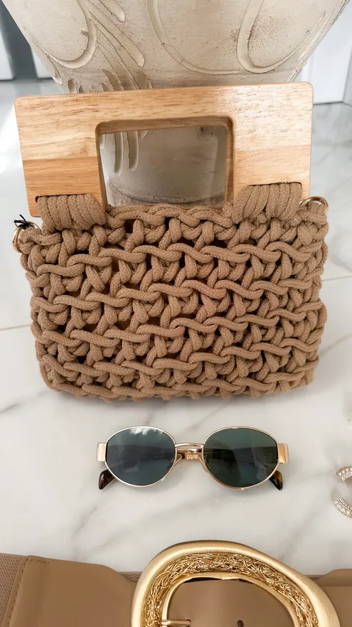 Pleciona torebka HAND MADE z drewnianymi rączkami - P663