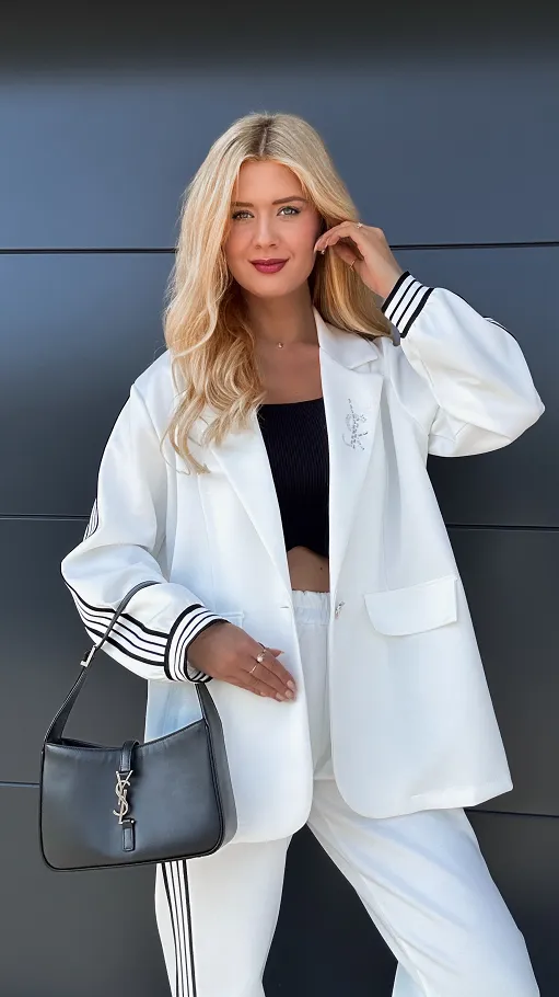 Oryginalny biały komplet marynarka + spodnie ONE SIZE - R031B