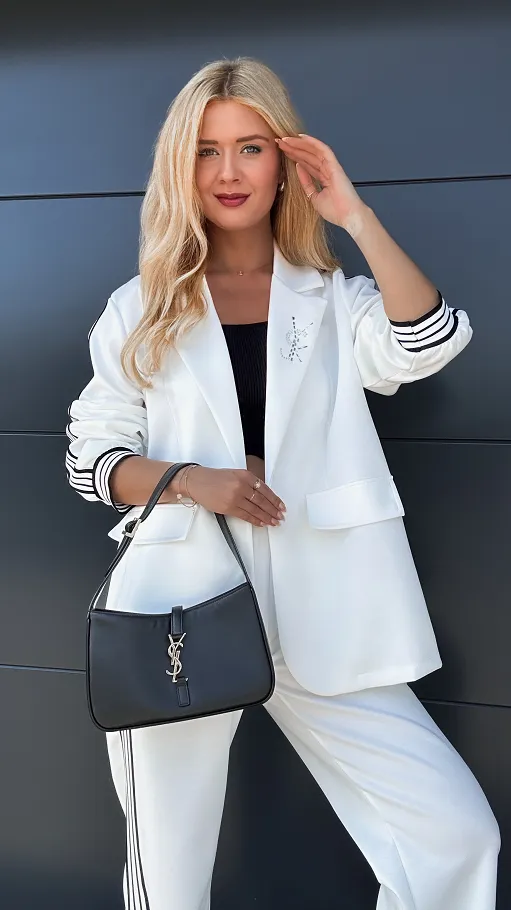 Oryginalny biały komplet marynarka + spodnie ONE SIZE - R031B