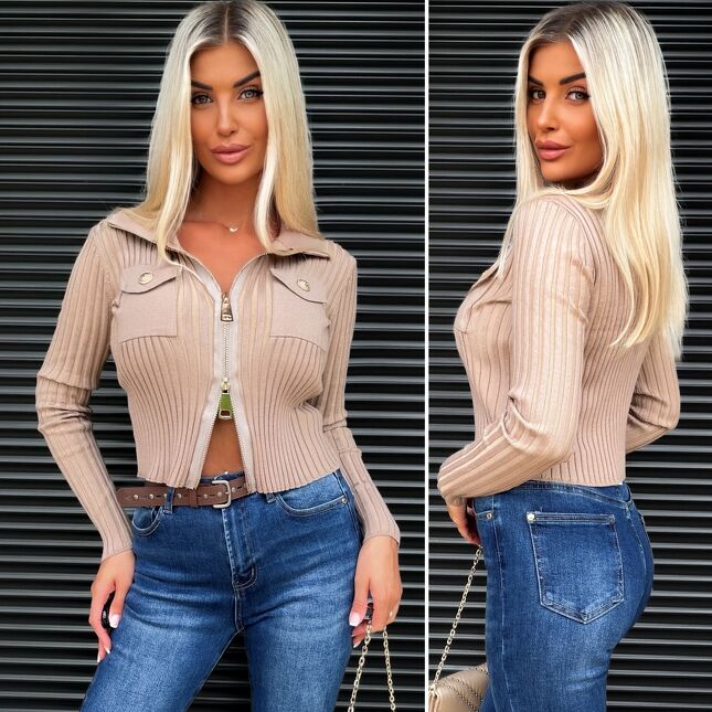 Elastyczny sweterek w prążki w kolorze beżowym na zamek ONE SIZE - S380