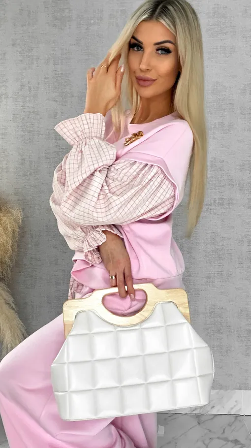 Luźna bluza z rękawami w kratkę i broszką ONE SIZE pink - R426