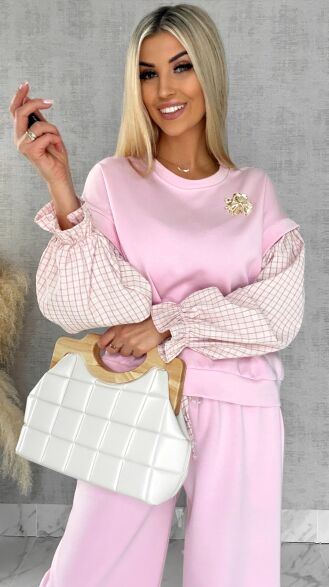 Luźna bluza z rękawami w kratkę i broszką ONE SIZE pink - R426