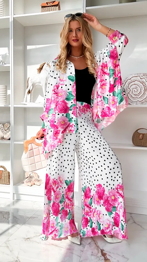 Oryginalny letni komplet w grochy i różowe kwiaty ONE SIZE - P848A