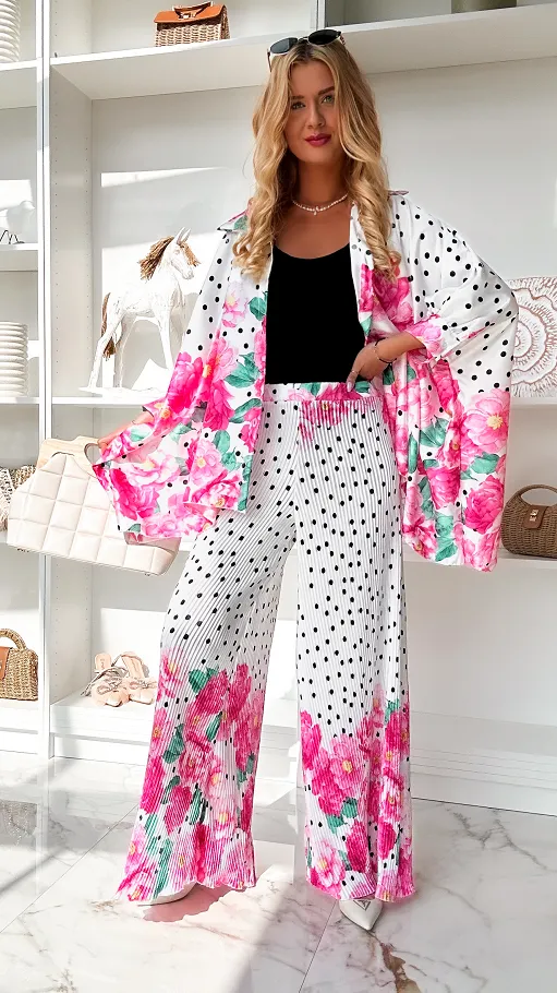 Oryginalny letni komplet w grochy i różowe kwiaty ONE SIZE - P848A