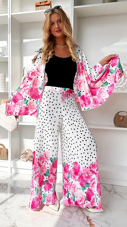 Oryginalny letni komplet w grochy i różowe kwiaty ONE SIZE - P848A