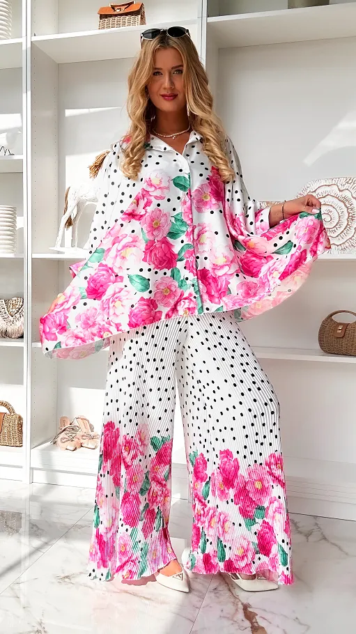 Oryginalny letni komplet w grochy i różowe kwiaty ONE SIZE - P848A