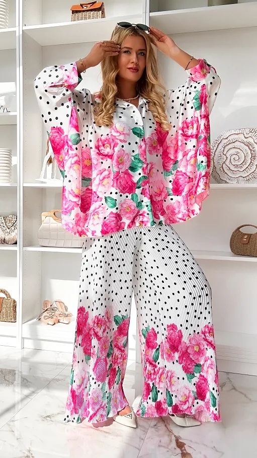 Oryginalny letni komplet w grochy i różowe kwiaty ONE SIZE - P848A