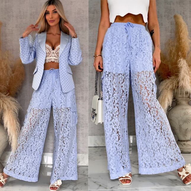 Gipiurowe spodnie w stylu bojówki z kieszeniami ONE SIZE blue - R509