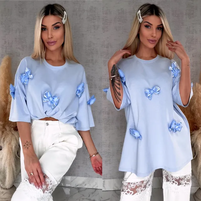 Bawełniana bluzka TUNIKA zdobiona stylowymi kokardkami ONE SIZE - R485