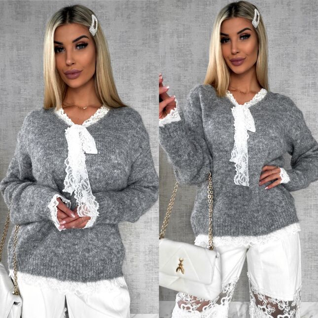 Oryginalny szary sweter na wiosnę z koronkami ONE SIZE - R626