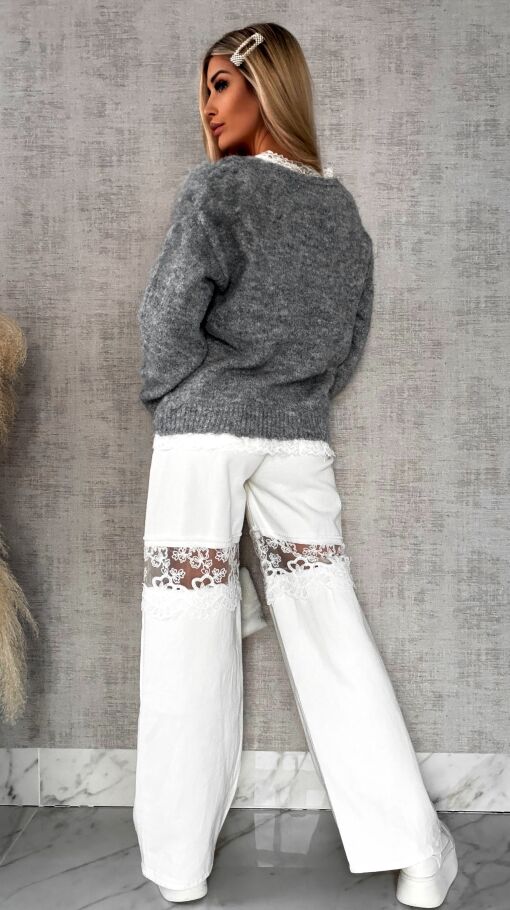 Oryginalny szary sweter na wiosnę z koronkami ONE SIZE - R626