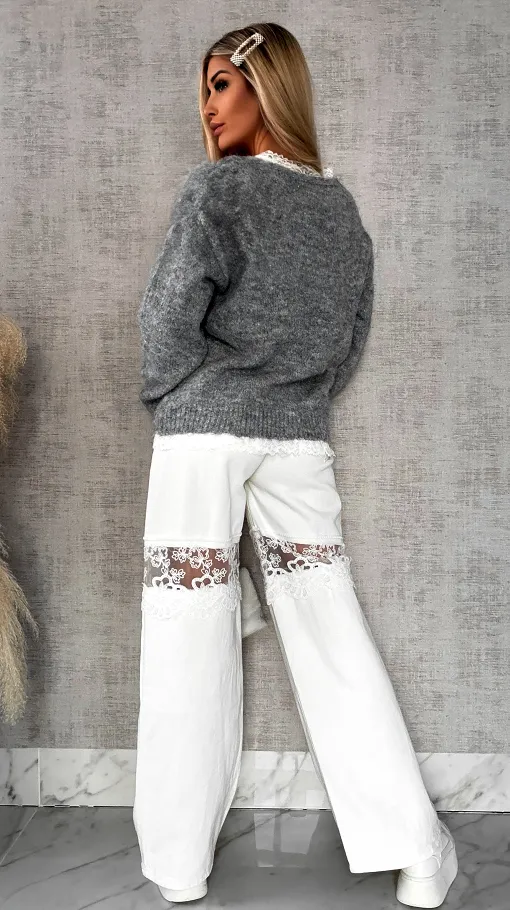 Oryginalny szary sweter na wiosnę z koronkami ONE SIZE - R626