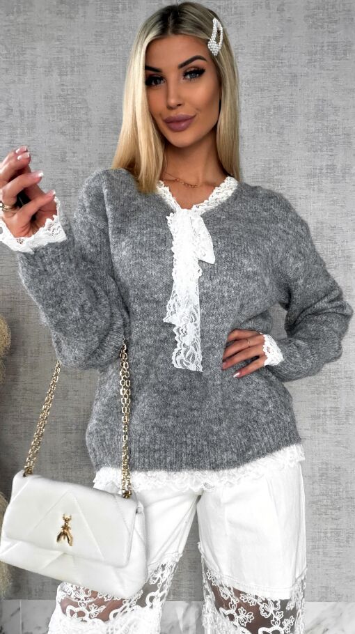 Oryginalny szary sweter na wiosnę z koronkami ONE SIZE - R626