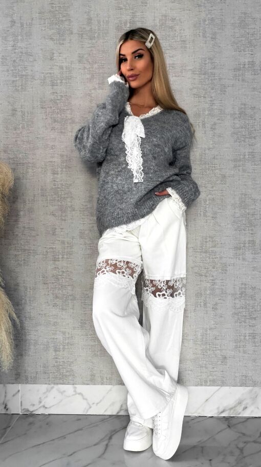 Oryginalny szary sweter na wiosnę z koronkami ONE SIZE - R626