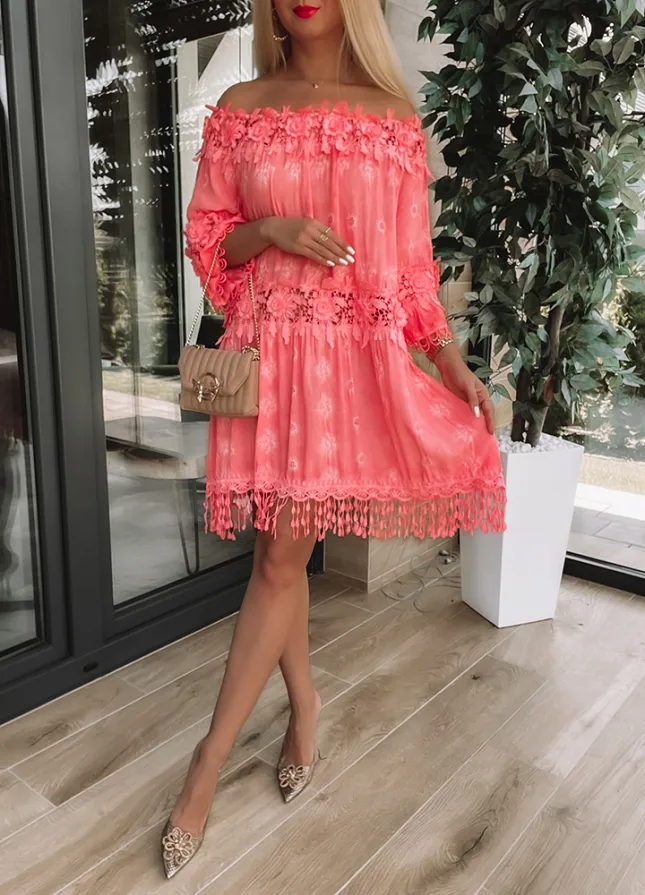 Zwiewna i elegancka sukienka hiszpanka KORALOWA z wiskozy - M856B