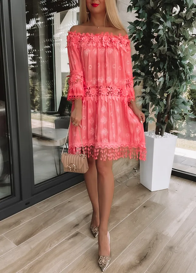 Zwiewna i elegancka sukienka hiszpanka KORALOWA z wiskozy - M856B