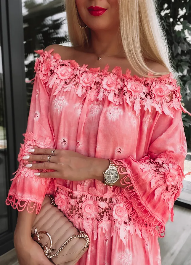 Zwiewna i elegancka sukienka hiszpanka KORALOWA z wiskozy - M856B