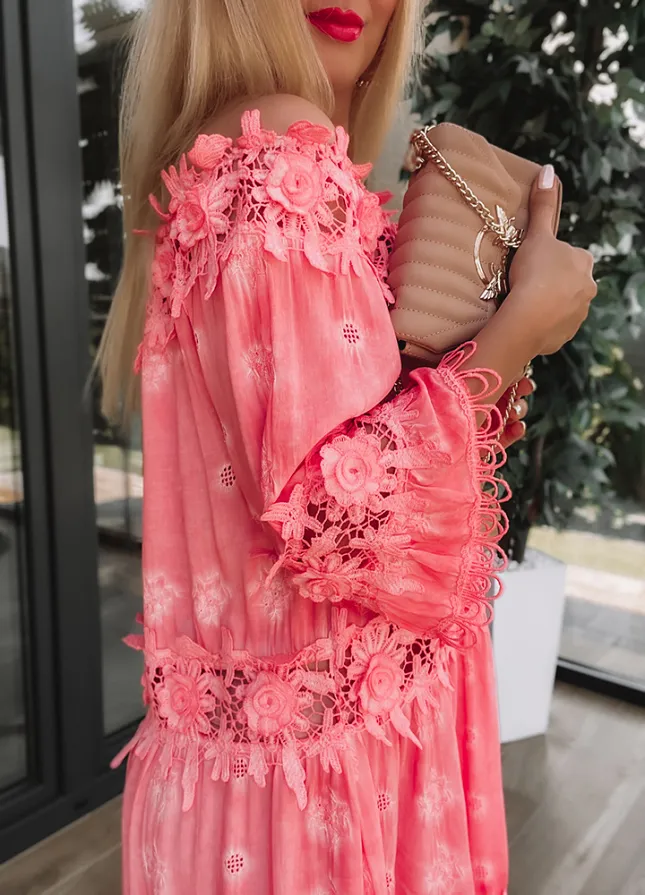 Zwiewna i elegancka sukienka hiszpanka KORALOWA z wiskozy - M856B