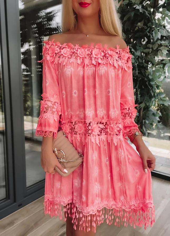 Zwiewna i elegancka sukienka hiszpanka KORALOWA z wiskozy - M856B