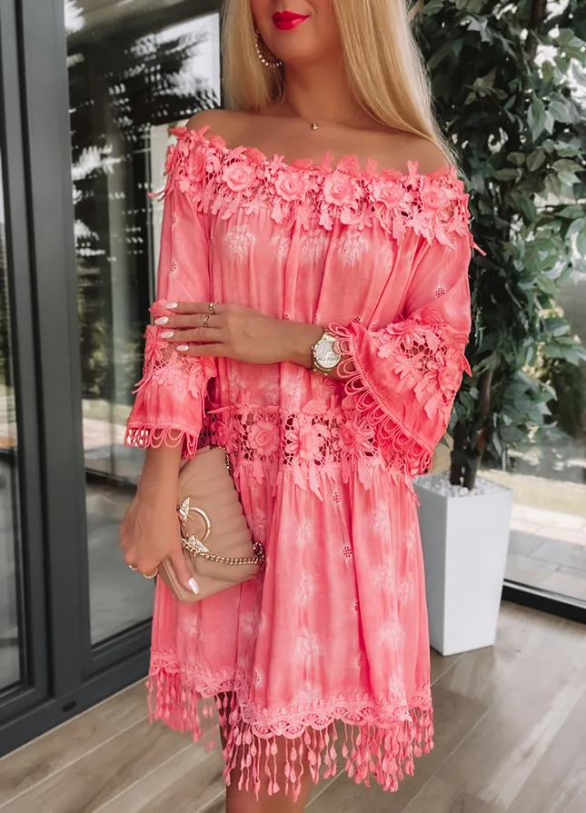 Zwiewna i elegancka sukienka hiszpanka KORALOWA z wiskozy - M856B