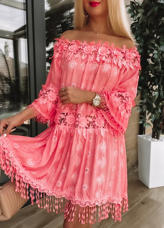 Zwiewna i elegancka sukienka hiszpanka KORALOWA z wiskozy - M856B