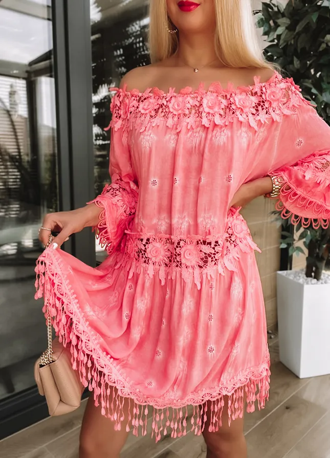 Zwiewna i elegancka sukienka hiszpanka KORALOWA z wiskozy - M856B