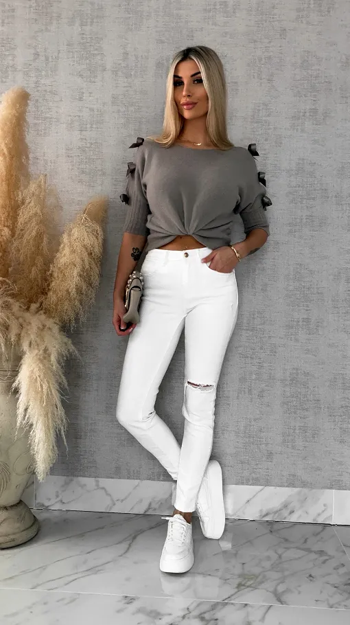 Oryginalny wiosenny sweter z krótkim rękawem i kokardkami FANGO - R664B