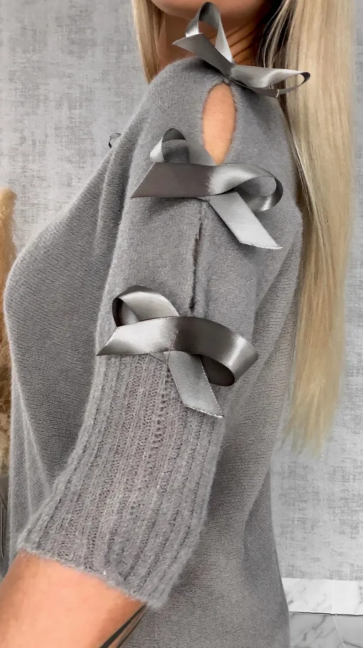 Oryginalny wiosenny sweter z krótkim rękawem i kokardkami FANGO - R664B