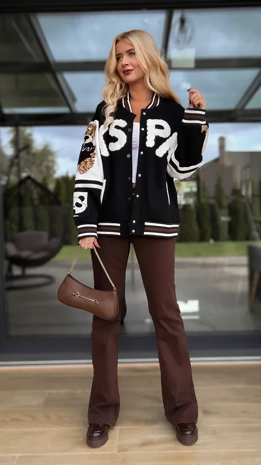 Czarna kurtka w stylu collage OVERSIZE zapinana na butony - R191