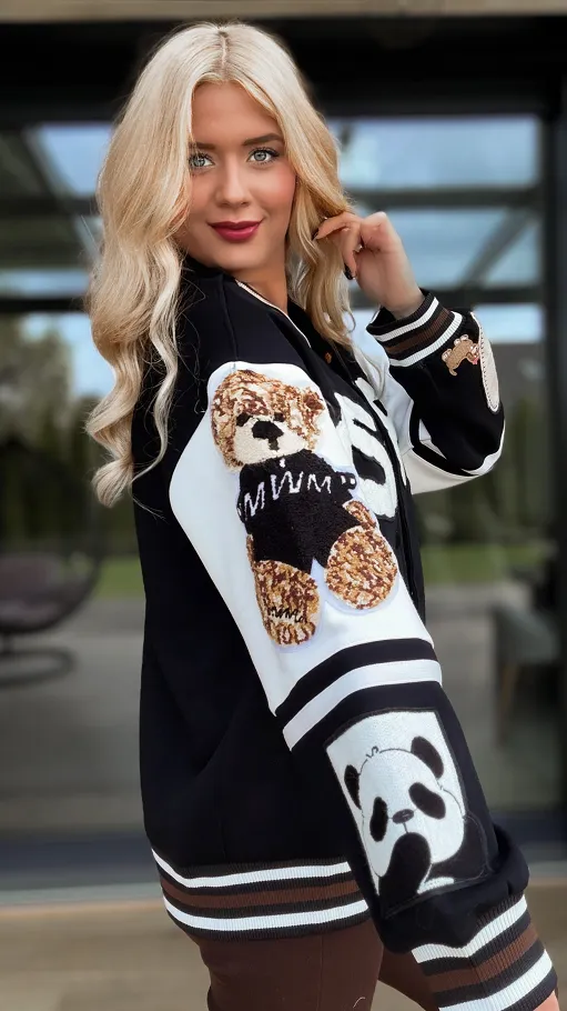Czarna kurtka w stylu collage OVERSIZE zapinana na butony - R191