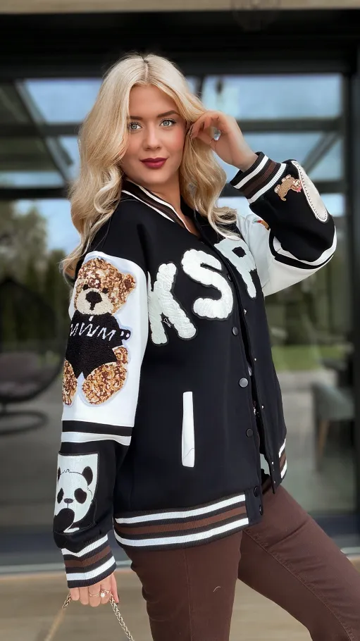 Czarna kurtka w stylu collage OVERSIZE zapinana na butony - R191