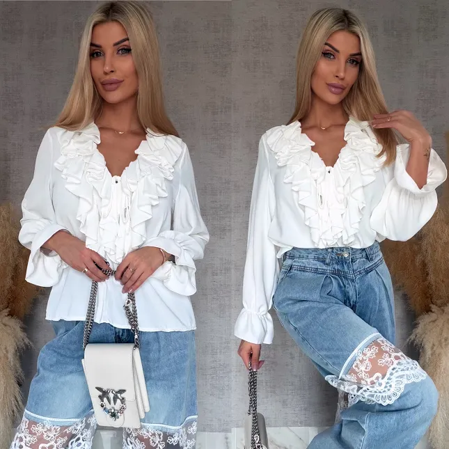 Elegancka biała bluzka z ozdobnym wiązanym dekoltem ONE SIZE - R562A