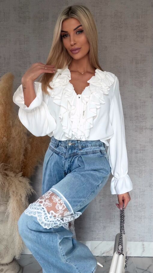 Elegancka biała bluzka z ozdobnym wiązanym dekoltem ONE SIZE - R562A