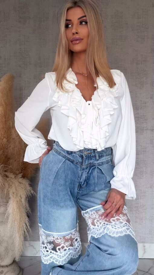 Elegancka biała bluzka z ozdobnym wiązanym dekoltem ONE SIZE - R562A