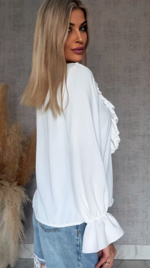 Elegancka biała bluzka z ozdobnym wiązanym dekoltem ONE SIZE - R562A