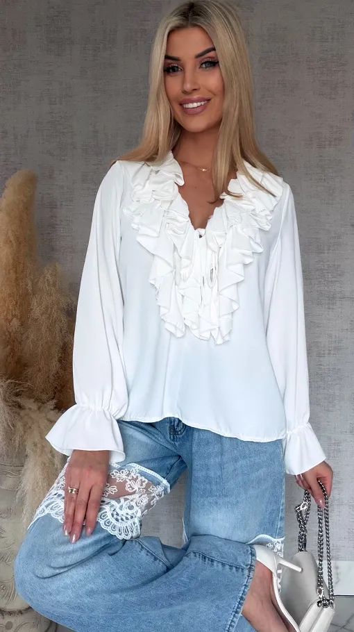 Elegancka biała bluzka z ozdobnym wiązanym dekoltem ONE SIZE - R562A