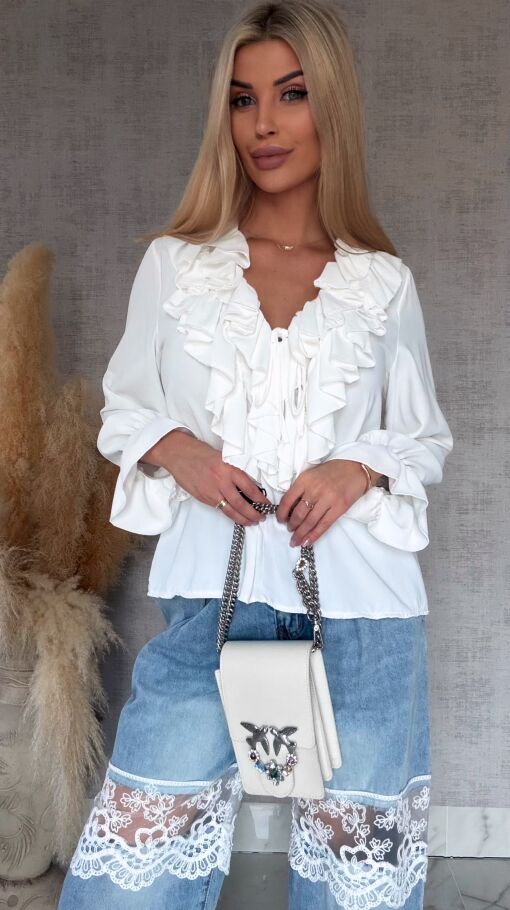 Elegancka biała bluzka z ozdobnym wiązanym dekoltem ONE SIZE - R562A