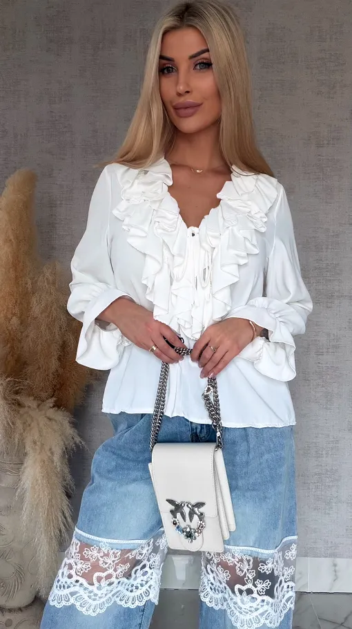 Elegancka biała bluzka z ozdobnym wiązanym dekoltem ONE SIZE - R562A