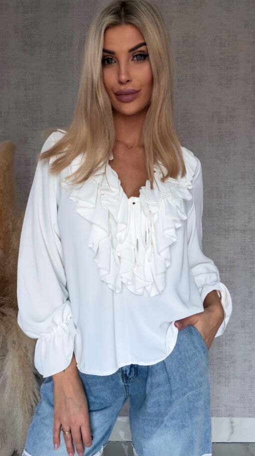 Elegancka biała bluzka z ozdobnym wiązanym dekoltem ONE SIZE - R562A