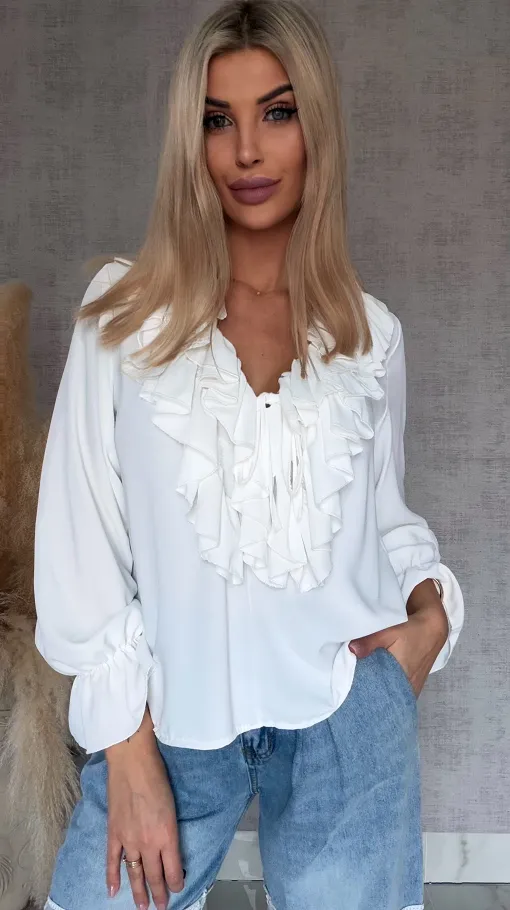 Elegancka biała bluzka z ozdobnym wiązanym dekoltem ONE SIZE - R562A