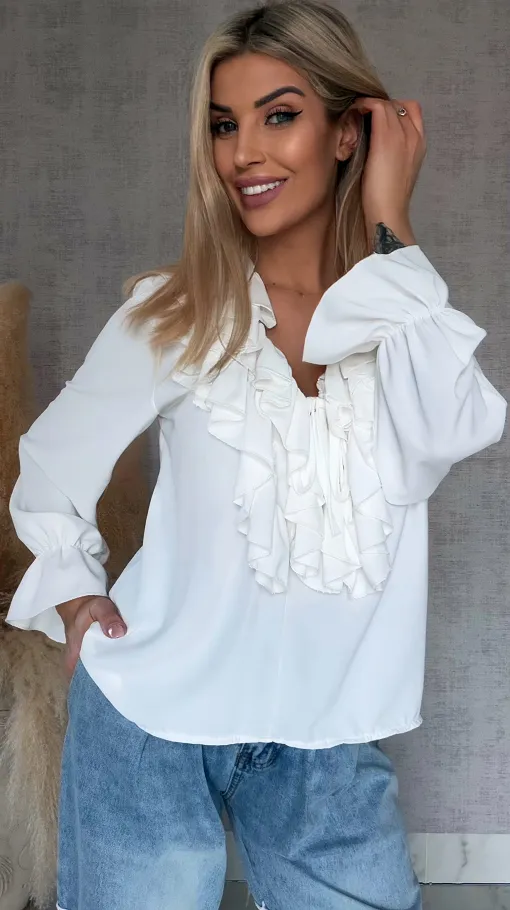 Elegancka biała bluzka z ozdobnym wiązanym dekoltem ONE SIZE - R562A