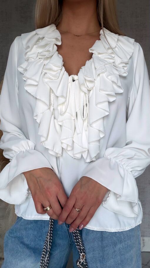 Elegancka biała bluzka z ozdobnym wiązanym dekoltem ONE SIZE - R562A