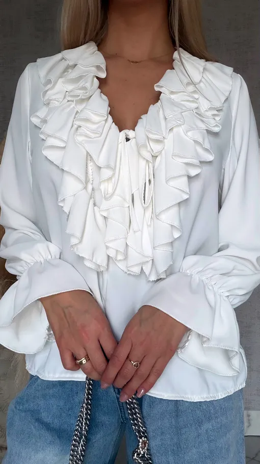 Elegancka biała bluzka z ozdobnym wiązanym dekoltem ONE SIZE - R562A